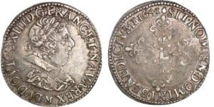 Louis XIII - ½ franc au buste juvénile, tête laurée, col plat - 1641 M (Toulouse) Louis XIII - ½ franc au buste juvénile, tête laurée, col plat - 1641 M (Toulouse)