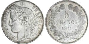 Troisième république (1871-1940) - 5 francs Cérès sans légende - 1871 K (Bordeaux) Troisième république (1871-1940) - 5 francs Cérès sans légende - 1871 K (Bordeaux)