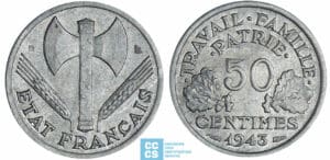 Etat Français (1940-1944) - 50 centimes Bazor 1943 B (Beaumont-le-Roger) Etat Français (1940-1944) - 50 centimes Bazor 1943 B (Beaumont-le-Roger)