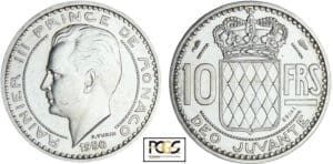 Monaco - Rainier III - 10 francs 1950 - Piéfort en argent Monaco - Rainier III - 10 francs 1950 - Piéfort en argent