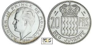 Monaco - Rainier III - 20 francs 1950 - Essai en argent Monaco - Rainier III - 20 francs 1950 - Essai en argent