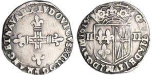 Louis XIII (1610-1643) - ¼ d'écu de Navarre à la croix fleurdelisée - 1614 M (Saint-Palais) Louis XIII (1610-1643) - ¼ d'écu de Navarre à la croix fleurdelisée - 1614 M (Saint-Palais)