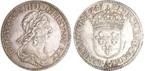 Louis XIII (1610-1643) - ¼ d'écu du 2ème poinçon de Warin - 1643 A (Paris) point, avec baies Louis XIII (1610-1643) - ¼ d'écu du 2ème poinçon de Warin - 1643 A (Paris) point, avec baies