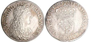 Louis XIV (1643-1715) - ½ écu au buste juvénile, 1er type - 1663 9 (Rennes) 63 / 53 Louis XIV (1643-1715) - ½ écu au buste juvénile, 1er type - 1663 9 (Rennes) 63 / 53