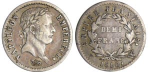 Napoléon 1er (1804-1814) - 1/2 franc revers empire 1810 W (Lille) Napoléon 1er (1804-1814) - 1/2 franc revers empire 1810 W (Lille)