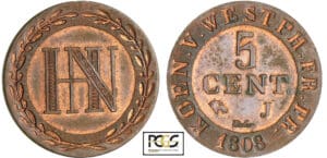 Allemagne - Westlalen - Hieronymus Napoleon (1807-1813) - 5 centimes 1808 J (Paris) essai-probe Allemagne - Westlalen - Hieronymus Napoleon (1807-1813) - 5 centimes 1808 J (Paris) essai-probe