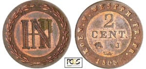 Allemagne - Westlalen - Hieronymus Napoleon (1807-1813) - 2 centimes 1808 J (Paris) essai-probe Allemagne - Westlalen - Hieronymus Napoleon (1807-1813) - 2 centimes 1808 J (Paris) essai-probe