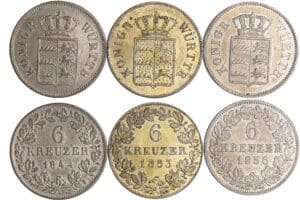 Allemagne - Wüttemberg - Wilhelm I (1816-1864) - Lot de 3 monnaies de 6 kreuzer Allemagne - Wüttemberg - Wilhelm I (1816-1864) - Lot de 3 monnaies de 6 kreuzer