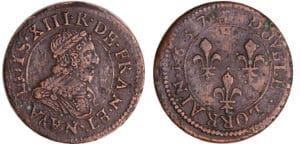 Louis XIII (1610-1643) - Double lorrain au buste viril, tête laurée, col fraisé - 1637 (Stenay) Louis XIII (1610-1643) - Double lorrain au buste viril, tête laurée, col fraisé - 1637 (Stenay)