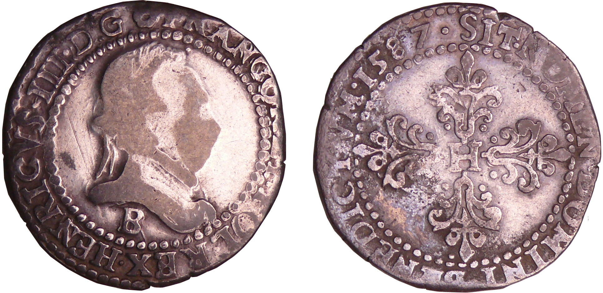 Henri III (1574-1589) - Demi-franc au col plat - 1587 B (Rouen) Henri III (1574-1589) - Demi-franc au col plat - 1587 B (Rouen)