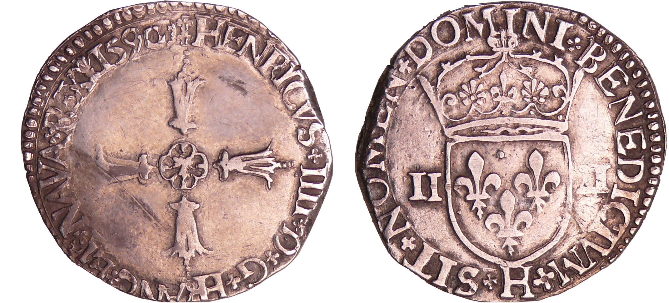 Henri IV (1589-1610) - Quart d'écu croix feuillue - 1590 H (La Rochelle) Henri IV (1589-1610) - Quart d'écu croix feuillue - 1590 H (La Rochelle)