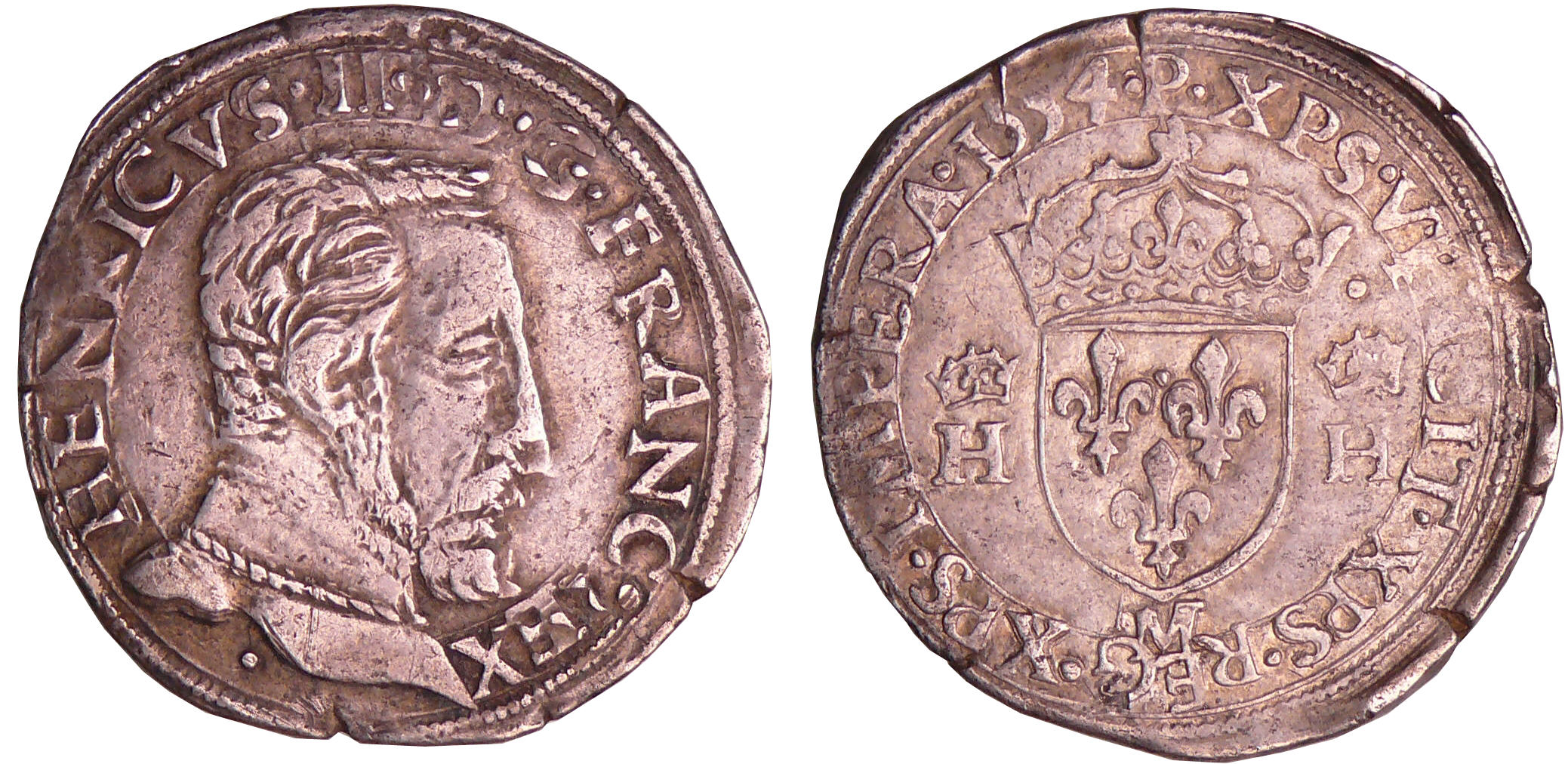 Henri II (1547-1559) - Teston au buste nu - 5ème type - 1554 M (Toulouse) Henri II (1547-1559) - Teston au buste nu - 5ème type - 1554 M (Toulouse)