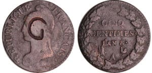 Guadeloupe - Sou marqué G gravé, sur 5 centimes AN 8 A (Paris)