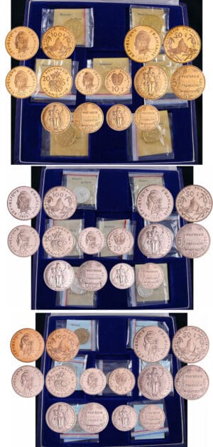 Polynésie Française - Ensemble complet de 21 piéforts 1979, (7 en Or, 7 Argent et 7 dans les métaux retenus pour la frappe commerciale)