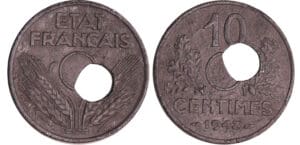 Etat Français (1940-1944) - 10 centimes zinc 1943 perforation décalée