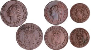 Louis XVI (1774-1792) - Lot de 3 bronzes : Liard 1784 N (Montpellier), 1/2 sol 1788 T (Nantes), Sol 1791 R (Orléans)
