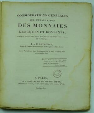 Considerations générales sur l'évaluation des monnaies grecques et romaines, M. Letronne, 1817