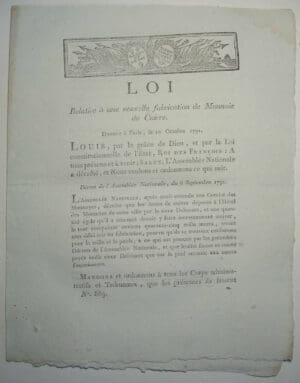 Texte de loi sur les monnaies. Paris 12 octobre 1791