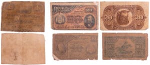Argentine - Lot de 3 billets 1 real 1871, 10 centavos 1884, 20 centavos 1884