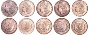 Etats-Unis - Dollar "Morgan" Lot de 5 monnaies 1879 o, 1884 o, 1887, 1898, 1921