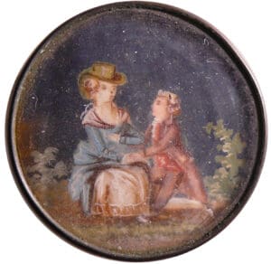 Bouton en verre et laiton - Peinture miniature d'un couple - 18ème siècle