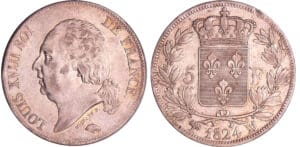 France - Louis XVIII (1815-1824) - 5 francs au buste nu 1824 MA (Marseille)
