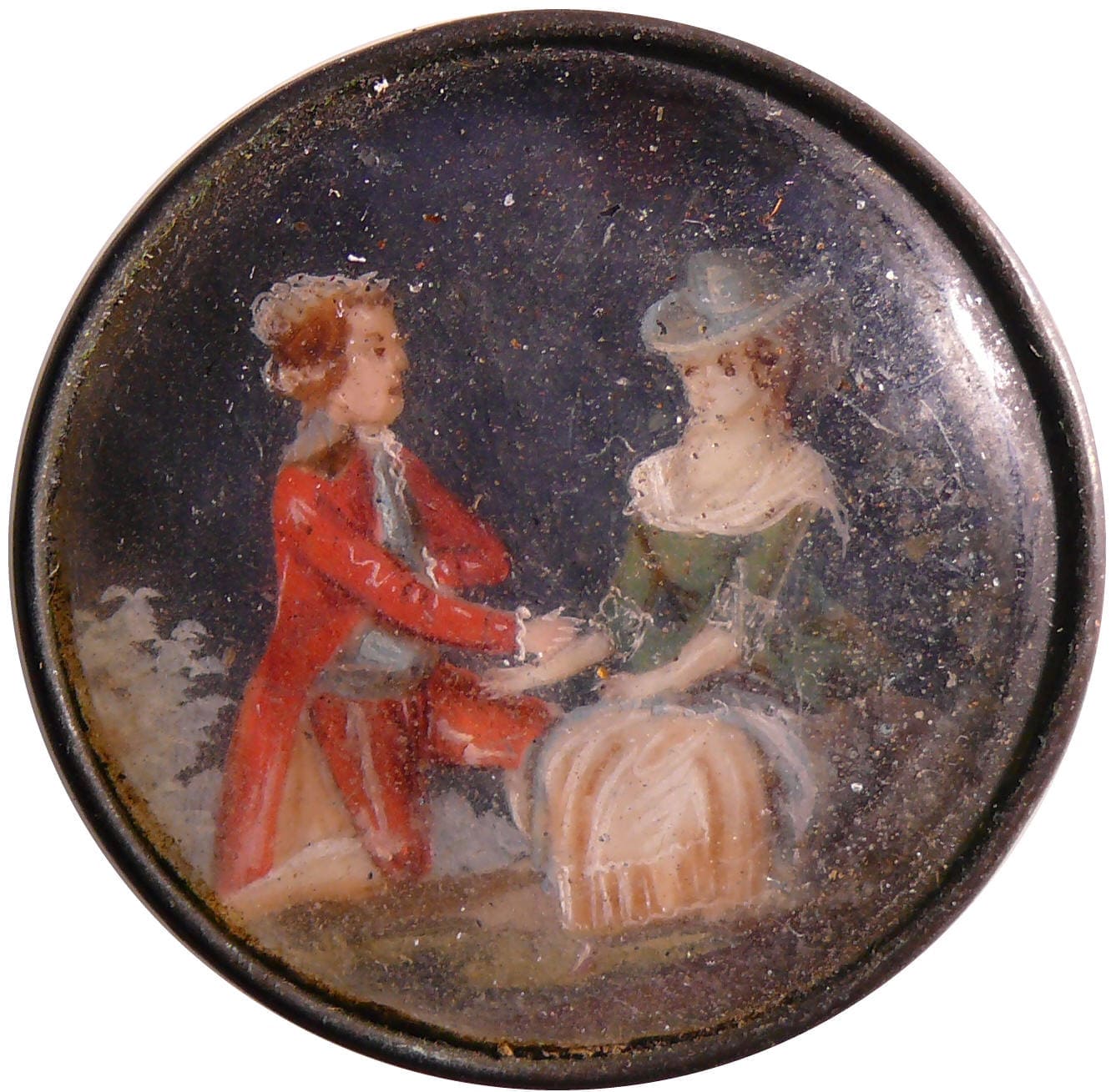 Bouton en verre et laiton - Peinture miniature d'un couple - 18ème siècle Bouton en verre et laiton - Peinture miniature d'un couple - 18ème siècle