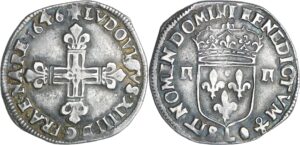 France - Louis XIV (1643-1715) - ¼ d'écu, frappe au marteau, avers côté croix - 1646 L (Bayonne)