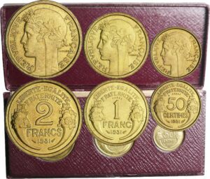 France - Troisième république (1871-1940) - Coffret essai Morlon 50 ctes, 1 franc et 2 francs 1931 (3 monnaies)